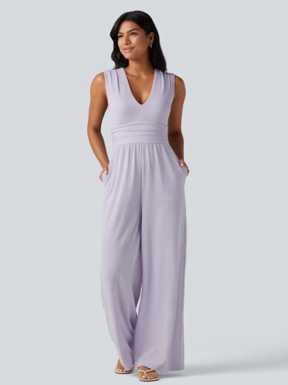 HALARA Lilac V-Neck Ribbed Wide-Leg Jumpsuit